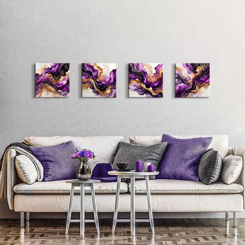 4pcs Abstract Purple Golden Marble Canvas Wall Art Canvas Framed