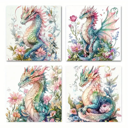 4pcs Vibrant Dragon & Floral Canvas Art Prints Wall Art Canvas Framed