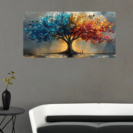 Tree of Life Abstract Painting with Vibrant Blue & Red Leaves, Textured Brushstrokes Wall Art wall canvas office home room framed 120x60cm