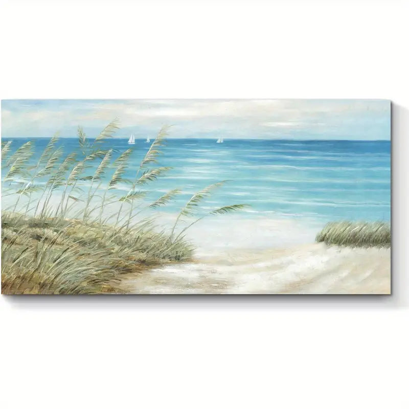 Beach Serene Coastal Sandy Shore & Ocean Waves Wall Art canvas office home room framed 120x60cm - Bella Home Decor