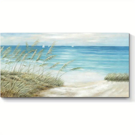 Beach Serene Coastal Sandy Shore & Ocean Waves Wall Art canvas office home room framed 120x60cm - Bella Home Decor