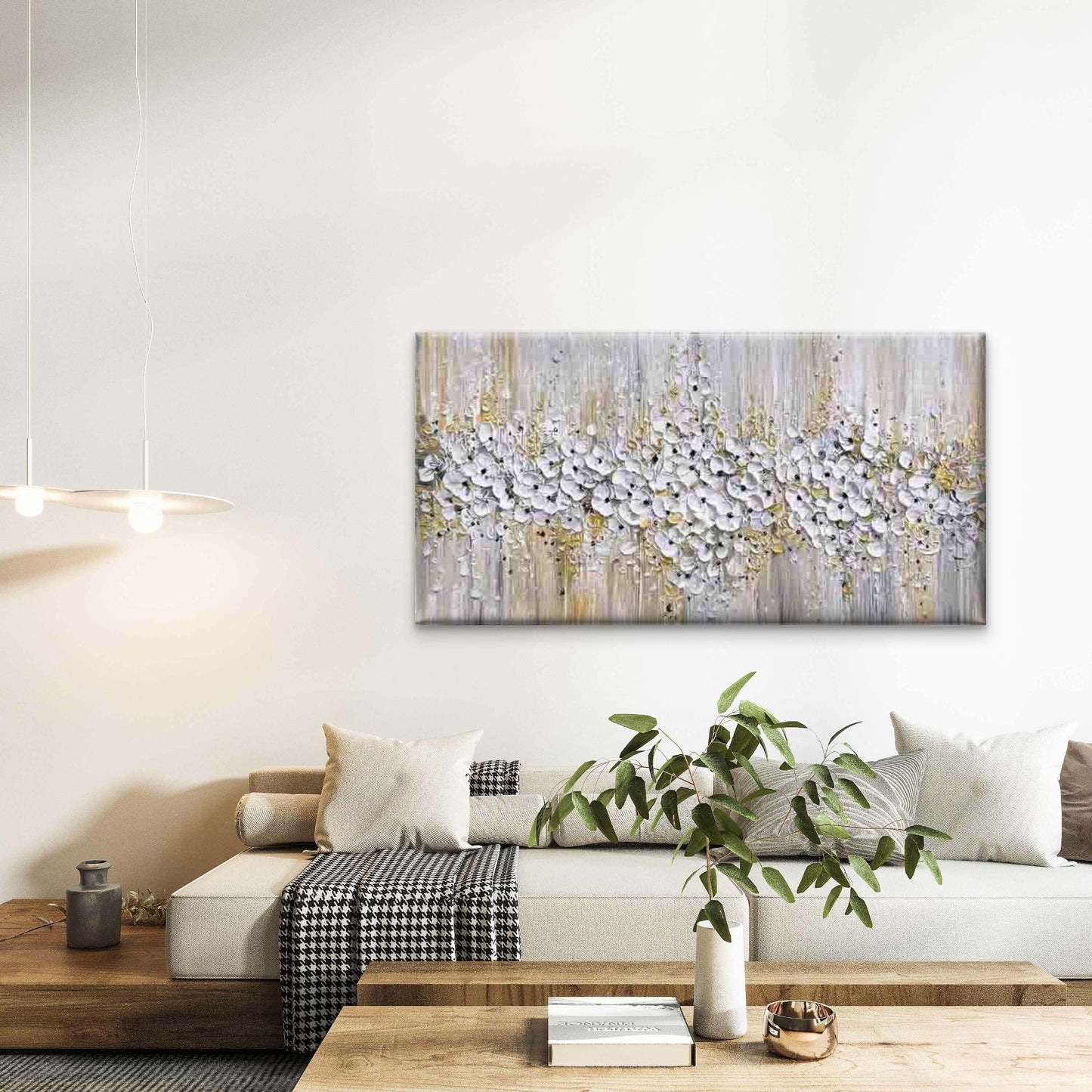 Abstract White Flowers Painting Wall Art Canvas Office Home Room Framed 120x60cm - Bella Home Decor