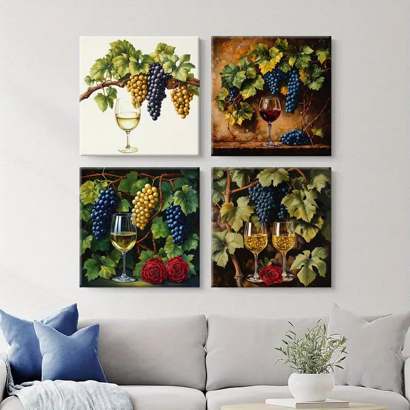 4pcs Modern Farmhouse Framed Grape & Wine Wall Art Canvas Framed