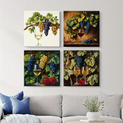 4pcs Modern Farmhouse Framed Grape & Wine Wall Art Canvas Framed