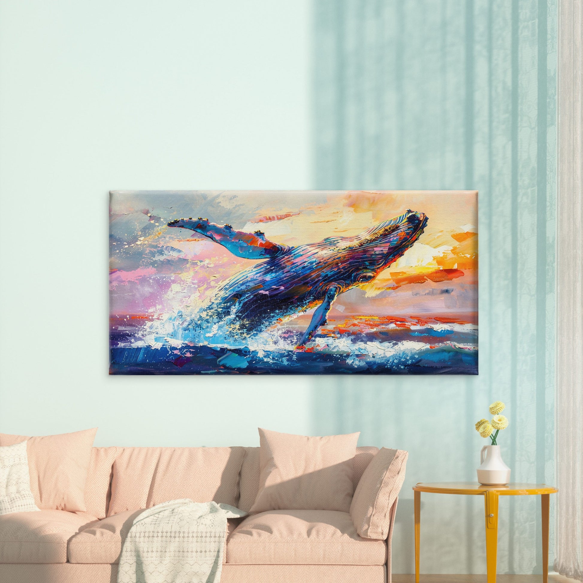 Whale Breaching At Sunset Wall Art Canvas Office Home Room Framed 120x60cm - Bella Home Decor