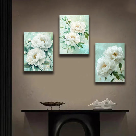 3pcs White Blossom Roses Greenery Elegant Metal Print Ready to Hang Art