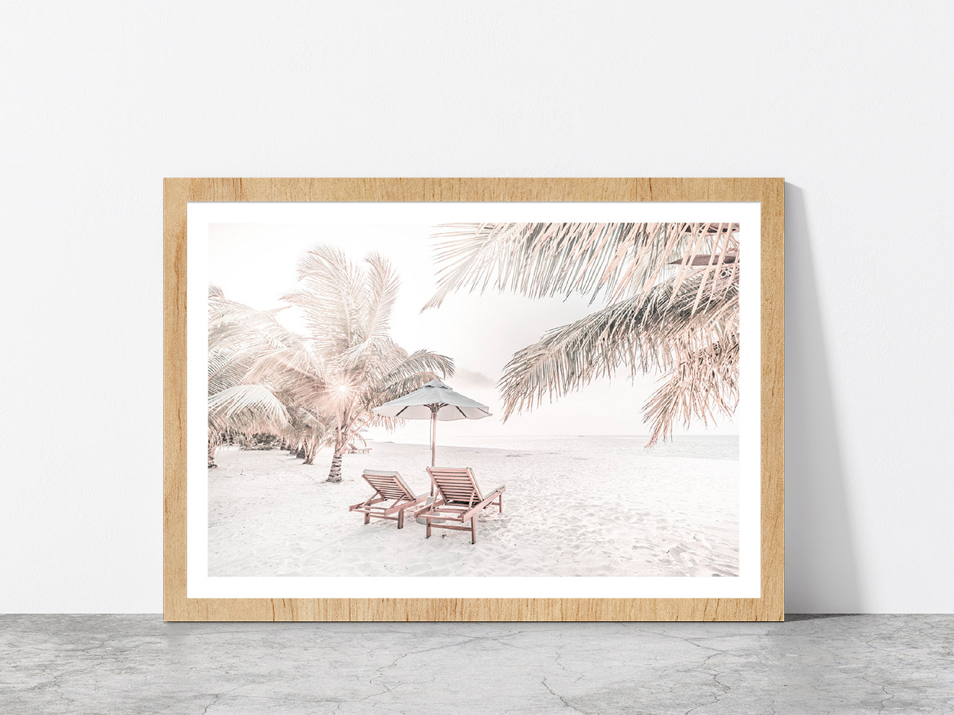 Beach Hut & Chair with Palm Trees on Sandy Seashore Glass Framed Wall Art, Ready to Hang Quality Print With White Border Oak