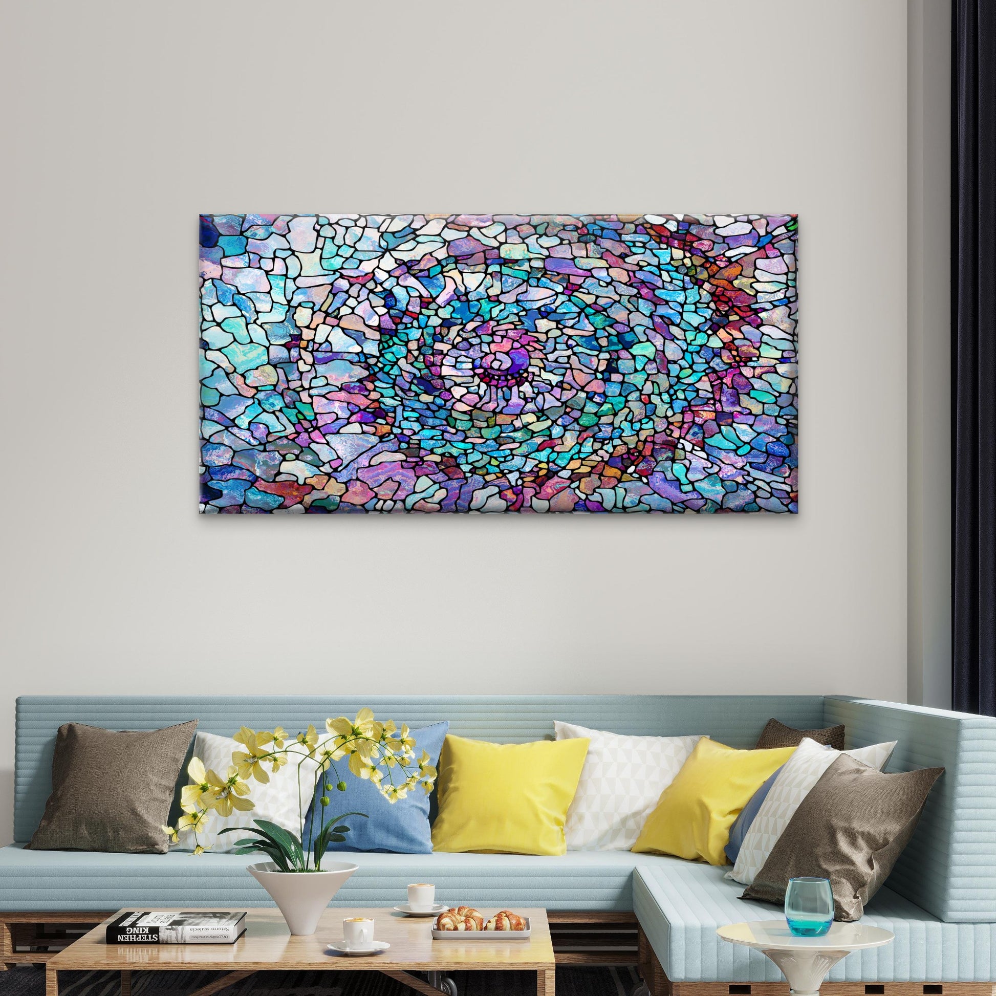 Blue Purple Mosaic Tile Style Wall Art Canvas Office Home Room Framed 120x60cm - Bella Home Decor