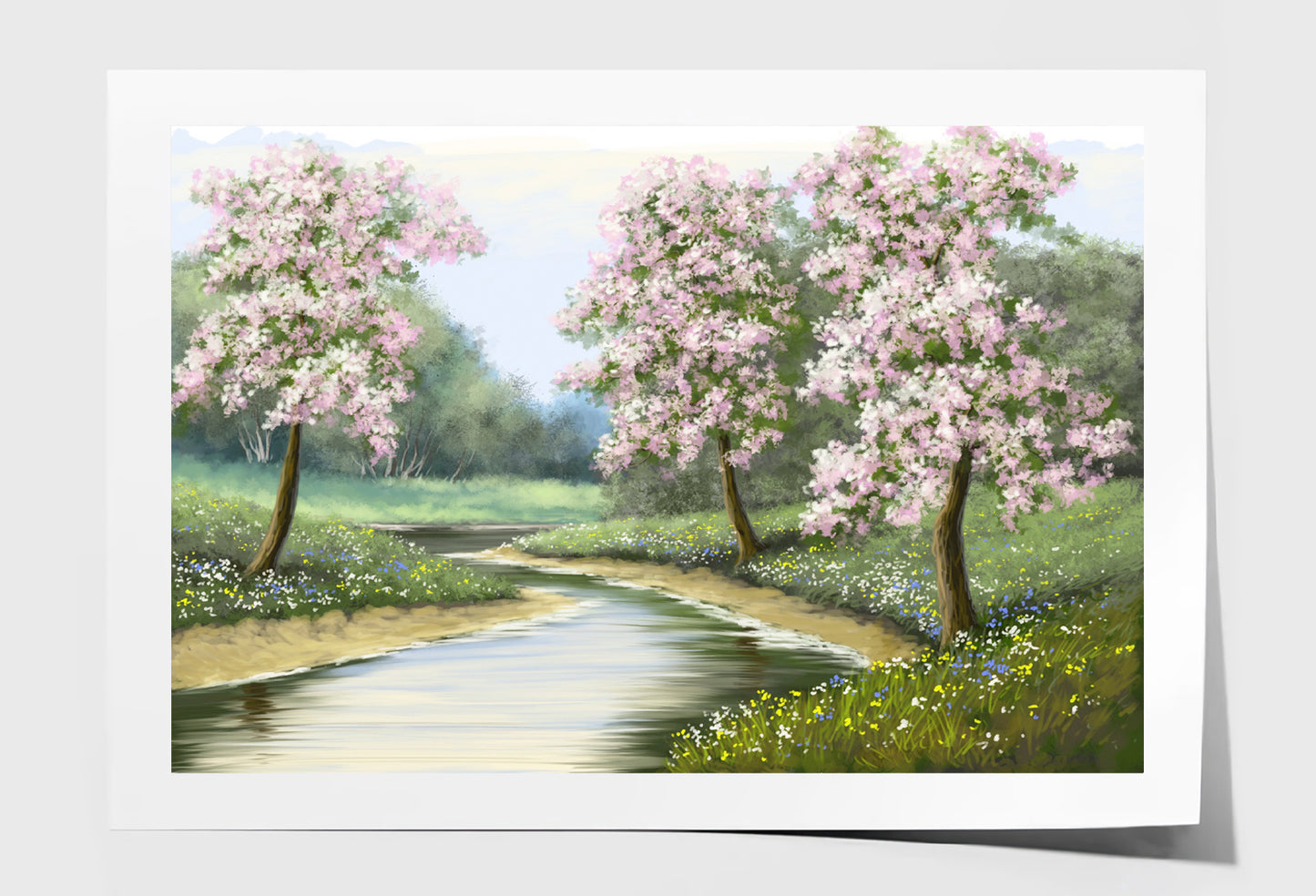 Spring Flower Trees near River Oil Painting Wall Art Limited Edition High Quality Print Unframed Roll Canvas None