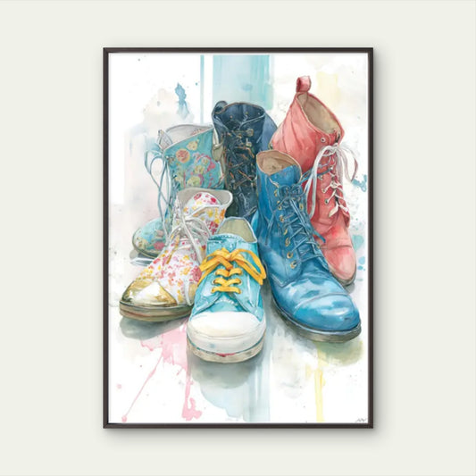 Vintage Boots in Pastel Color Shoe Collection Art Fashion Home Decor Premium Quality Poster Print Choose Your Sizes