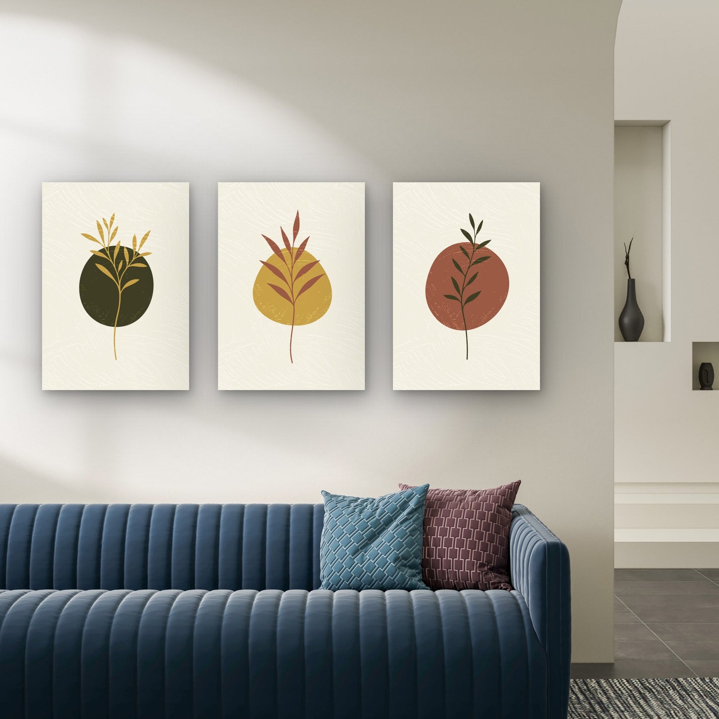 3pcs Boho Botanical Leaf Circle Painting Wall Art Set Canvas Framed 40x60cm - High Quality Print 100% Australian Made Wall Canvas Ready to Hang