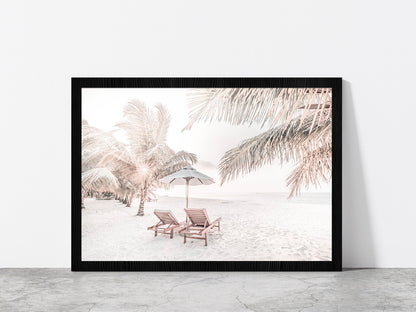 Beach Hut & Chair with Palm Trees on Sandy Seashore Glass Framed Wall Art, Ready to Hang Quality Print Without White Border Black