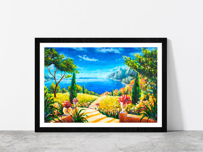 Road To The Ocean, Vases With Flowers & Beautiful Mountains Glass Framed Wall Art, Ready to Hang Quality Print With White Border Black