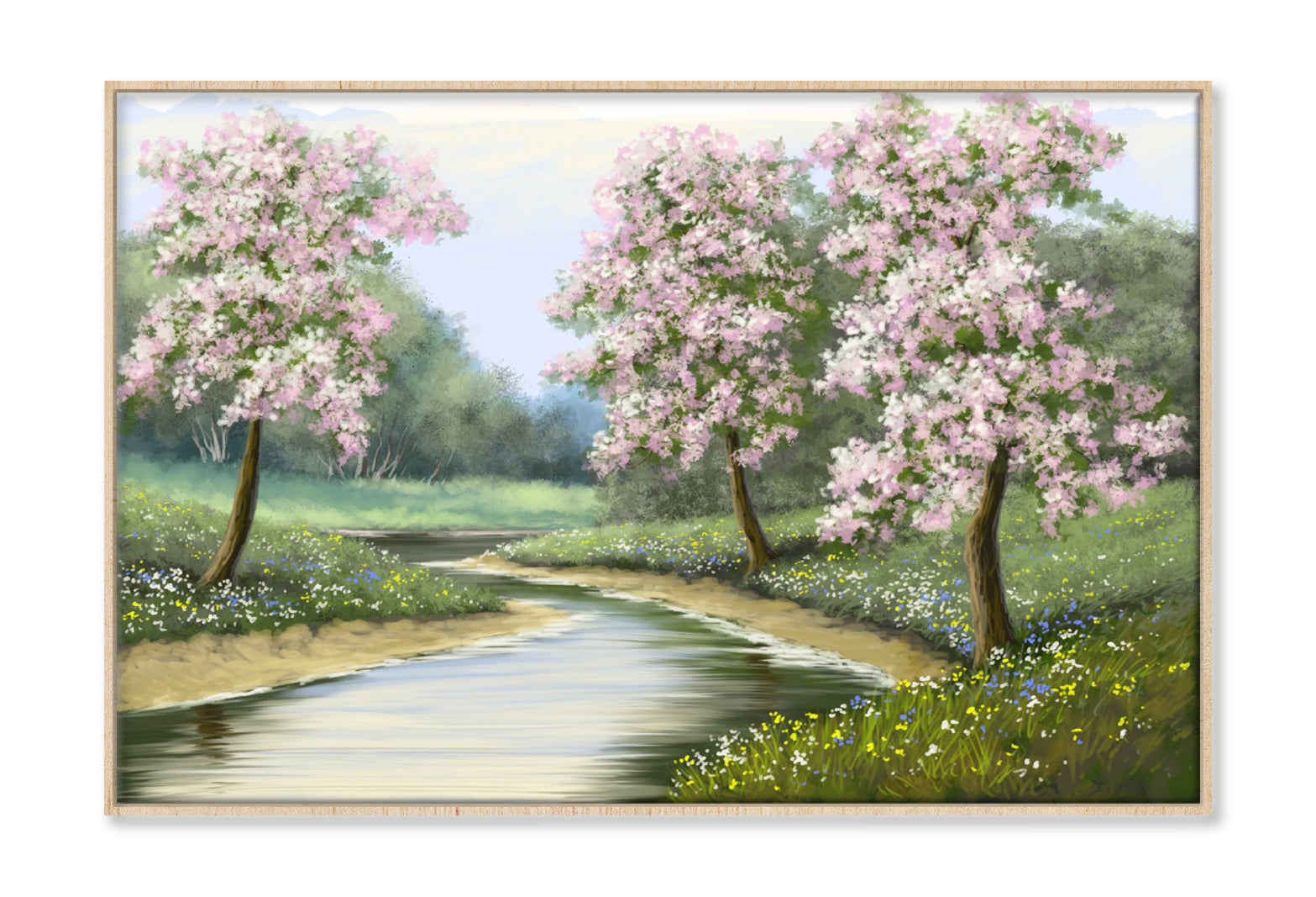 Spring Flower Trees near River Oil Painting Wall Art Limited Edition High Quality Print Canvas Box Framed Natural