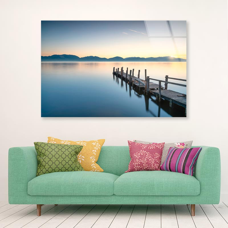 Wooden Pier or Jetty and Lake At Sunrise  Acrylic Glass Print Tempered Glass Wall Art 100% Made in Australia Ready to Hang