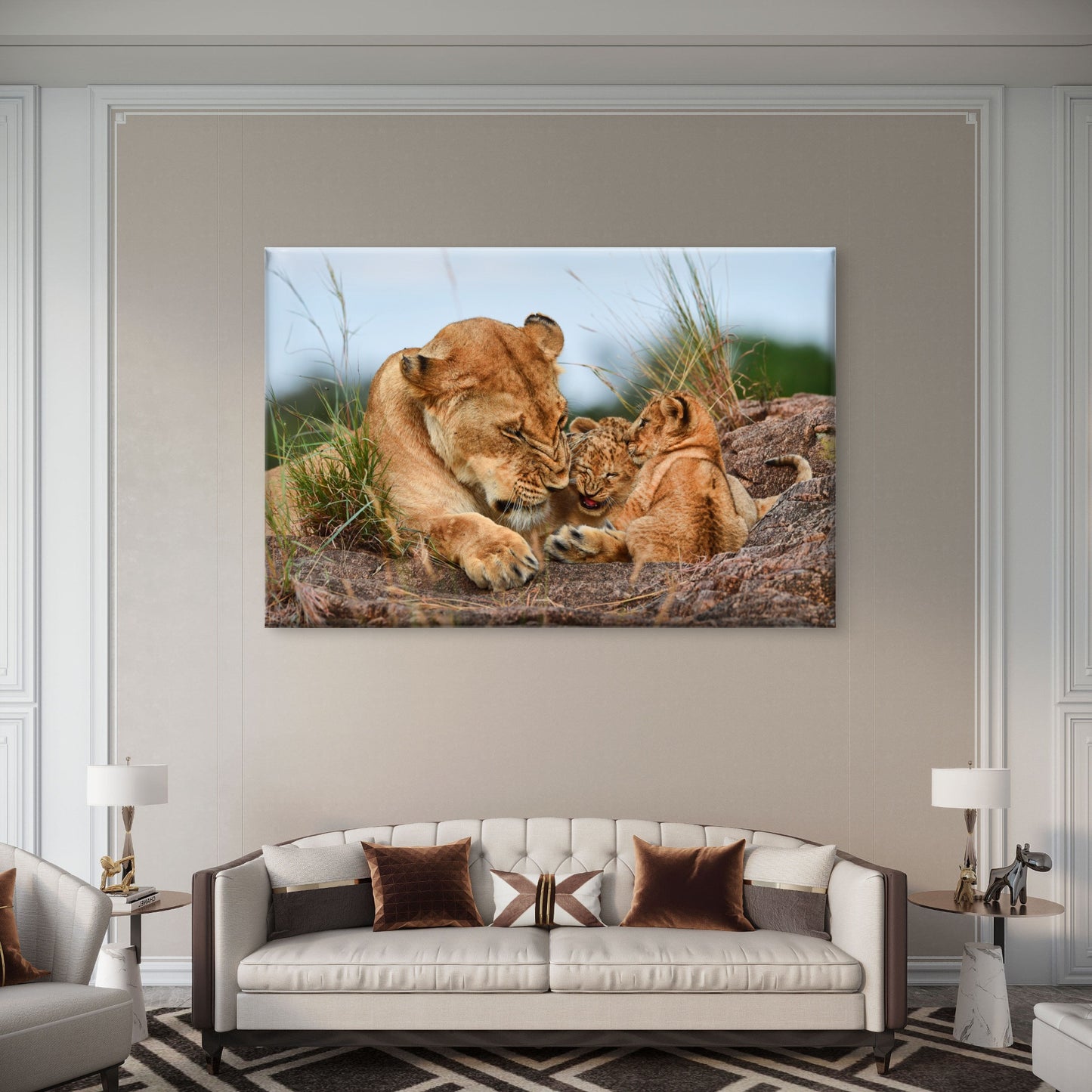 Lioness and Cubs Resting on Rocks Wall Art Decor 100% Australian Made