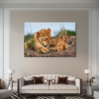 Lioness and Cubs Resting on Rocks Wall Art Decor 100% Australian Made