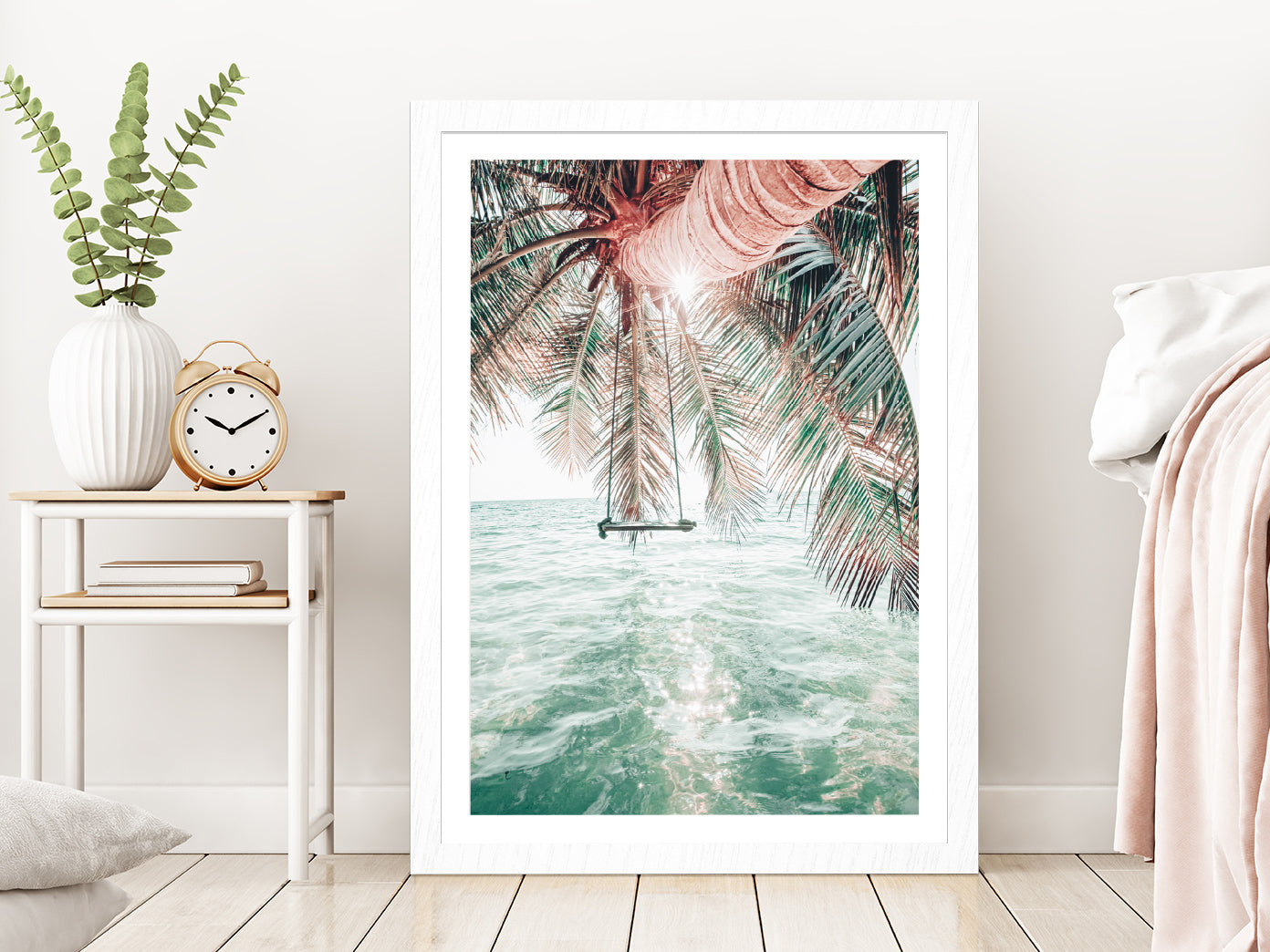 Palm Tree & Clear Water Sea Photograph Glass Framed Wall Art, Ready to Hang Quality Print With White Border White