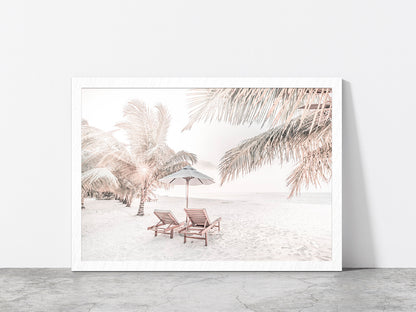 Beach Hut & Chair with Palm Trees on Sandy Seashore Glass Framed Wall Art, Ready to Hang Quality Print Without White Border White