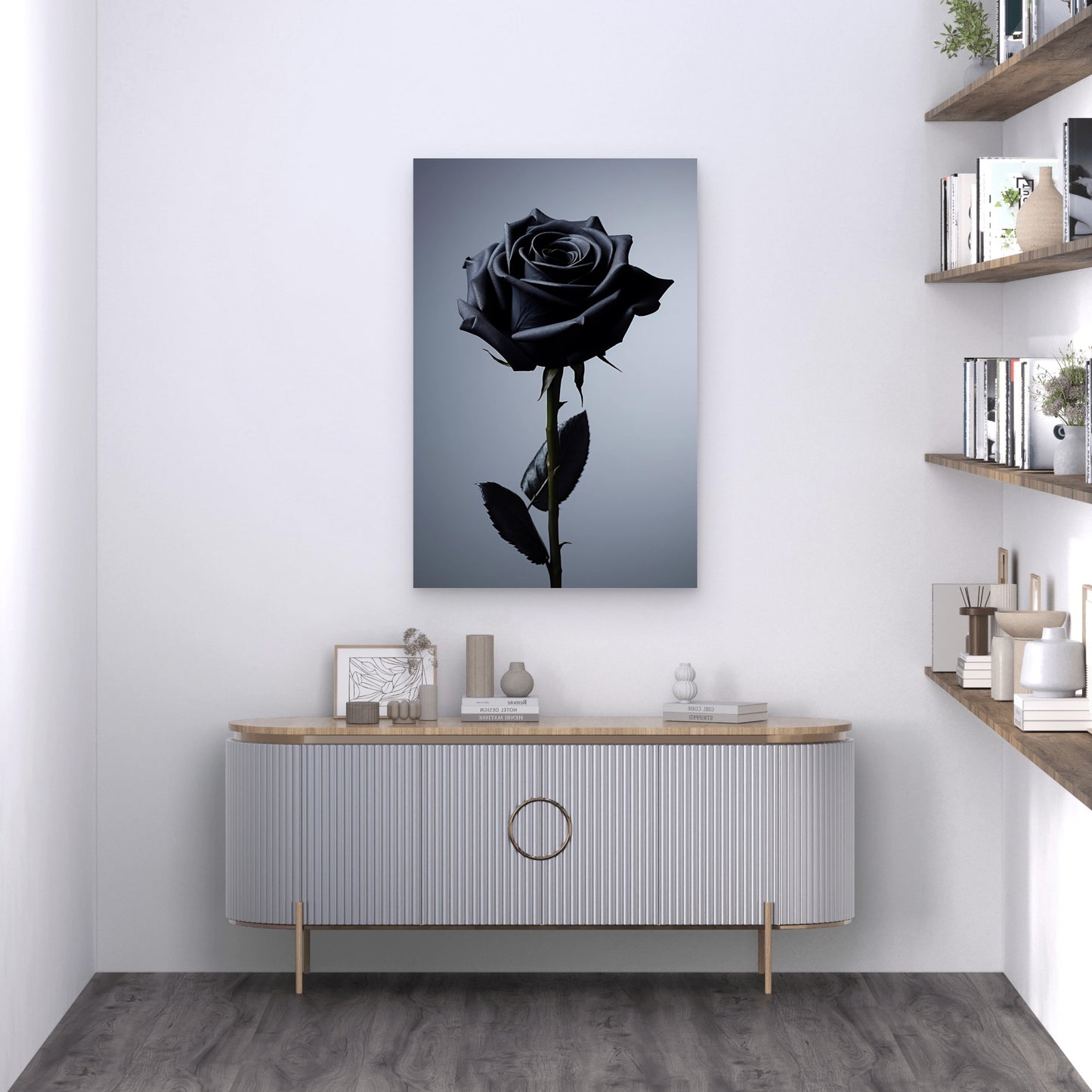 Gothic Black Rose Flower Single Stem 40x60cm Metal Print Ready to Hang