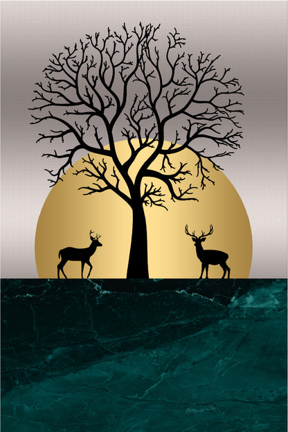 Gold Moon Deer Forest Silhouette 60x90cm Metal Print Ready to Hang
