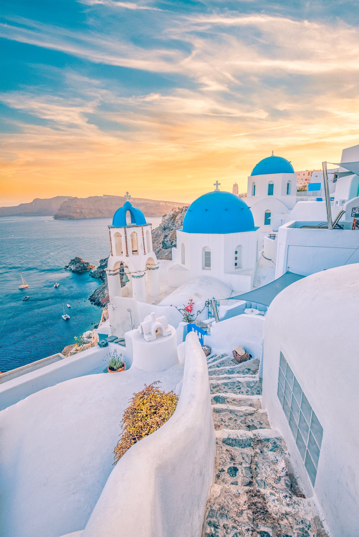 Santorini Winding Stairs Oia White Buildings Blue Domes Wall Art Decor 100% Australian Made - Bella Home Decor