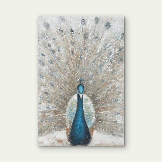 Neutral Blue Teal Peacock Feather Impression 40x60cm Metal Print Ready to Hang