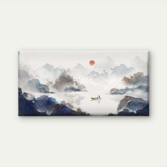 Chinese Ink Wash Mountain Boat Wall Art Canvas Office Home Room Framed 120x60cm