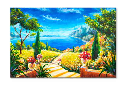 Road To The Ocean, Vases With Flowers & Beautiful Mountains Oil Painting Wall Art Limited Edition High Quality Print Stretched Canvas None