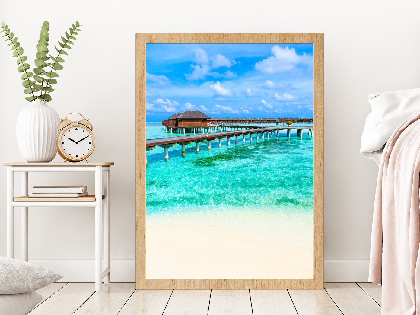 Bungalows Beach Photograph at Maldives Glass Framed Wall Art, Ready to Hang Quality Print Without White Border Oak