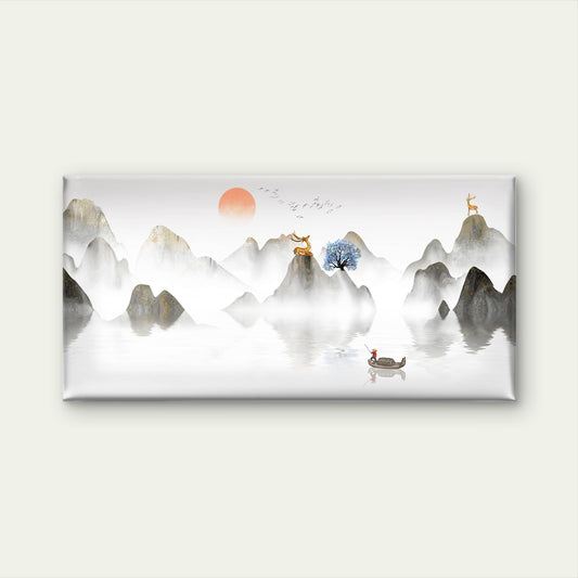 Chinese Ink Mountain Gold Deer Wall Art Canvas Office Home Room Framed 120x60cm