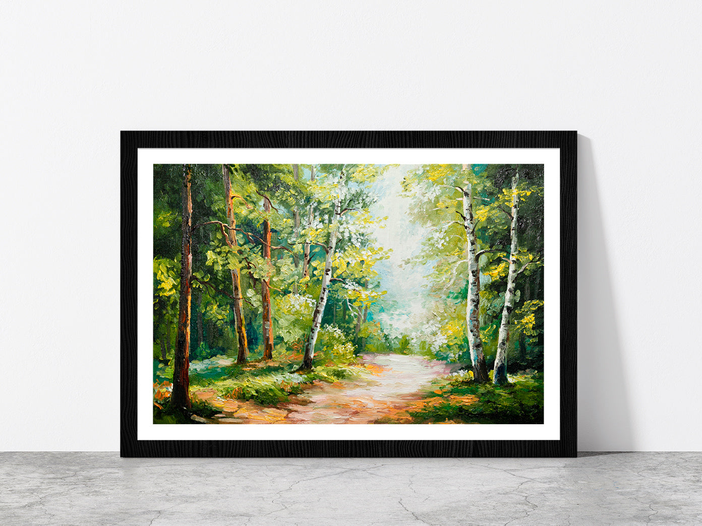 Summer Forest Oil Painting Glass Framed Wall Art, Ready to Hang Quality Print With White Border Black