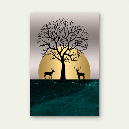 Gold Moon Deer Forest Silhouette 40x60cm Metal Print Ready to Hang