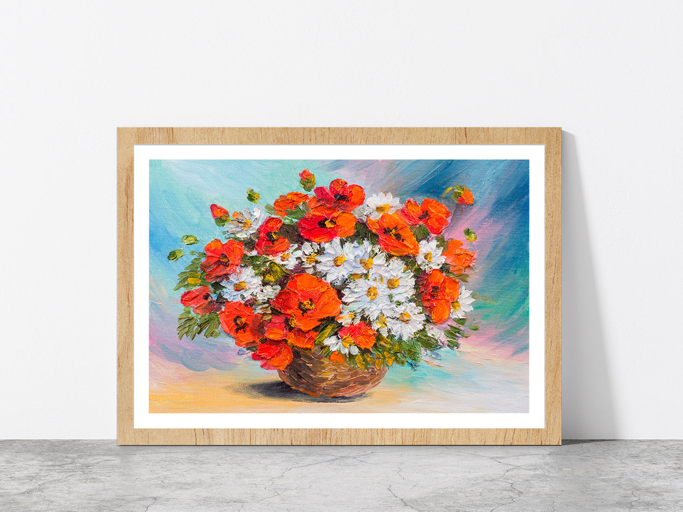 Flower Bouquet Of Poppies & Daisies Glass Framed Wall Art, Ready to Hang Quality Print With White Border Oak