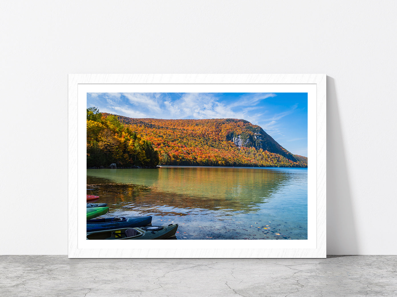 Autumn Forest With Lake & Boats Glass Framed Wall Art, Ready to Hang Quality Print With White Border White