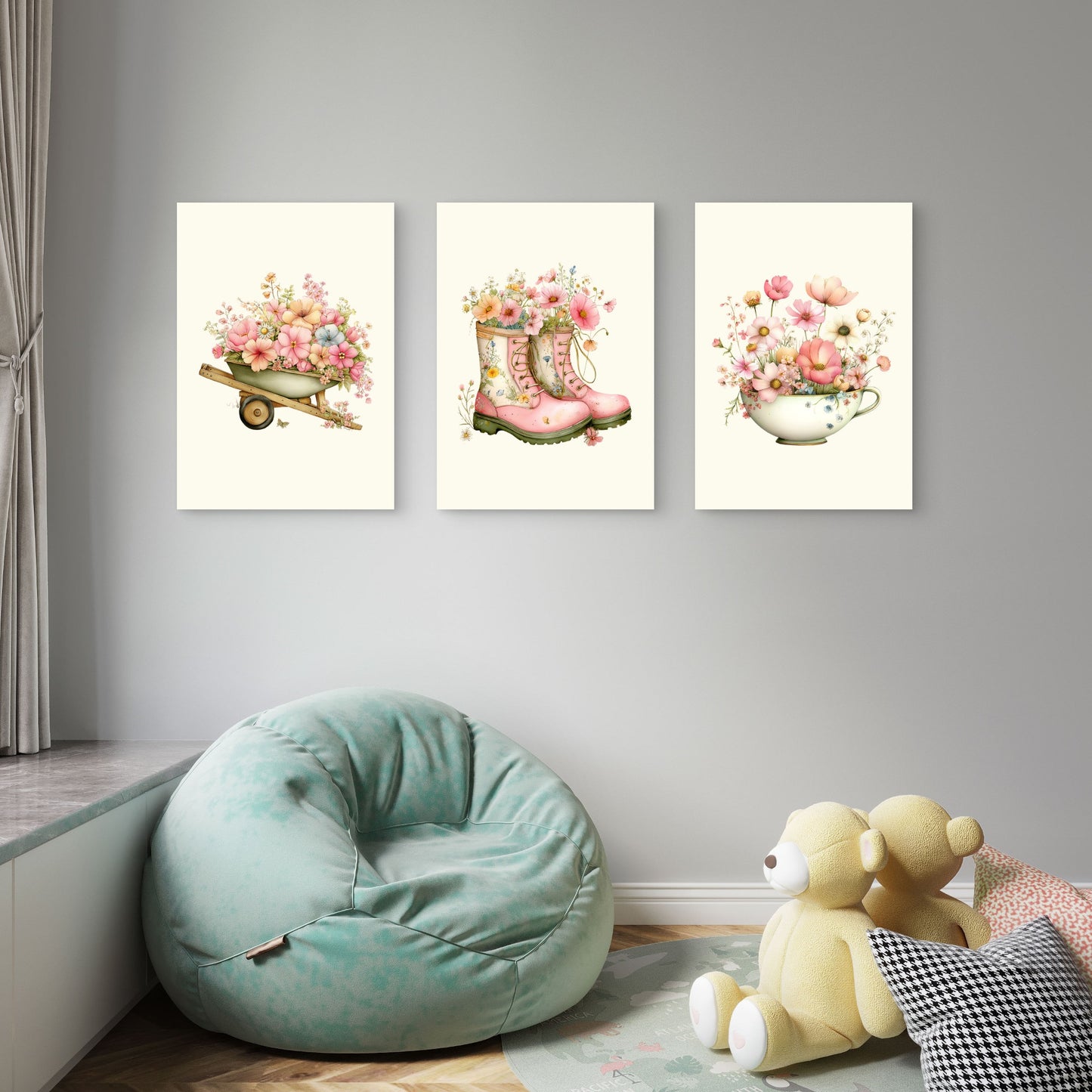 3pcs Cottage Garden Boots Wheelbarrow Flowers Wall Art Set Canvas Framed 40x60cm - High Quality Print 100% Australian Made Wall Canvas Ready to Hang
