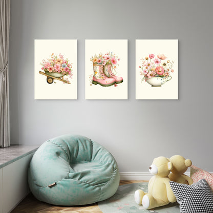 3pcs Cottage Garden Boots Wheelbarrow Flowers Wall Art Set Canvas Framed 40x60cm - High Quality Print 100% Australian Made Wall Canvas Ready to Hang