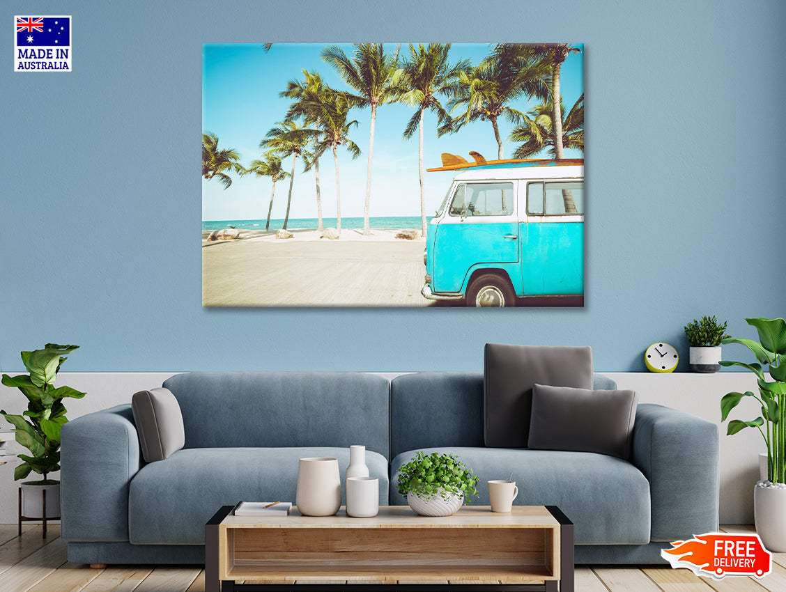 A Blue Van Parked On a Beach with Palm Trees Print 100% Australian Made