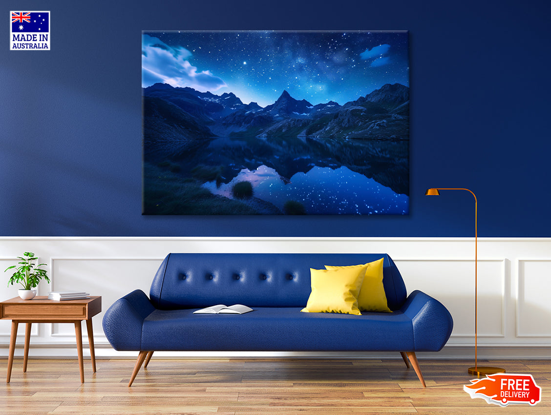 Night View with Mountain Lake and Starry Sky Print 100% Australian Made - Bella Home Decor