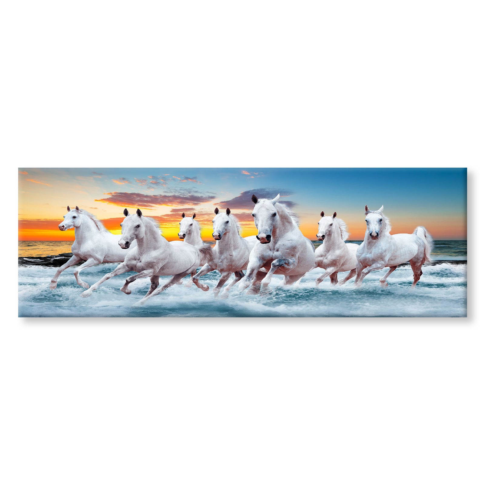 Panoramic Canvas Horses Running on Sea Sunset Scenery View High Quality 100% Australian Made Wall Canvas Print Ready to Hang