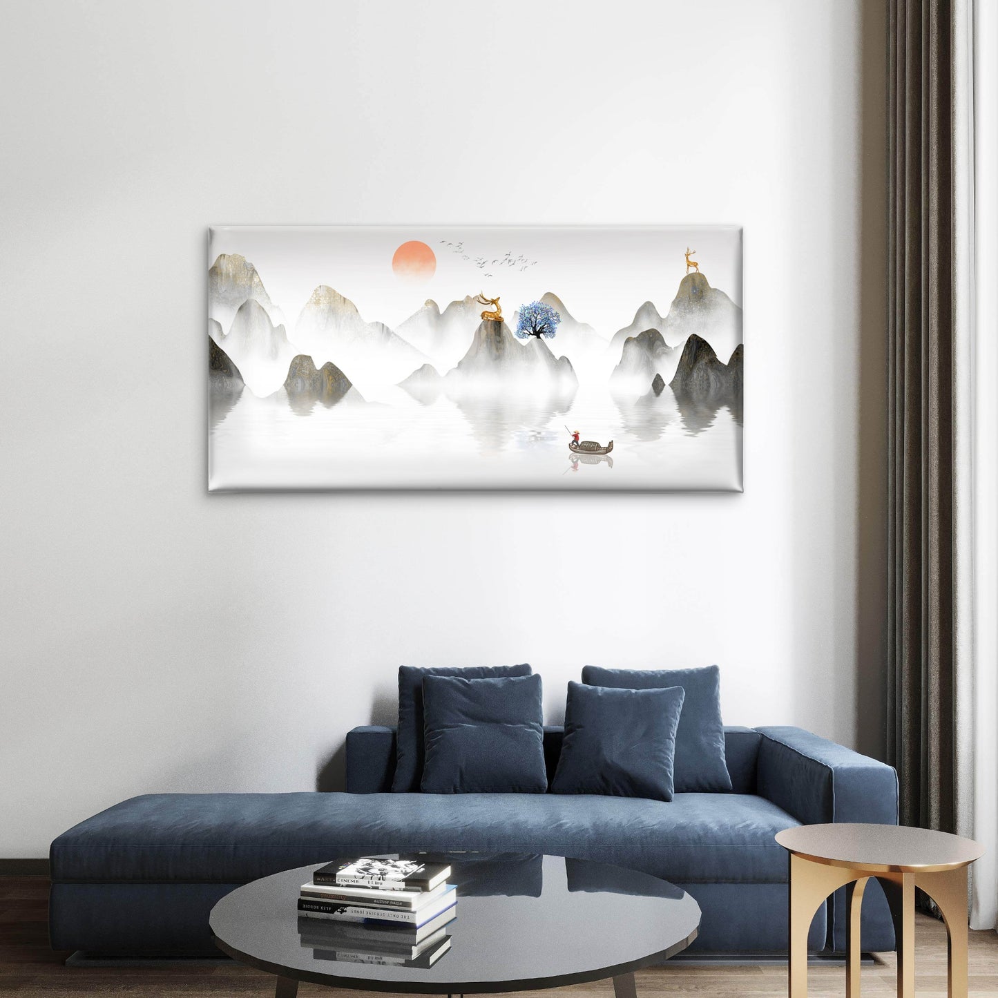 Chinese Ink Mountain Gold Deer Wall Art Canvas Office Home Room Framed 120x60cm