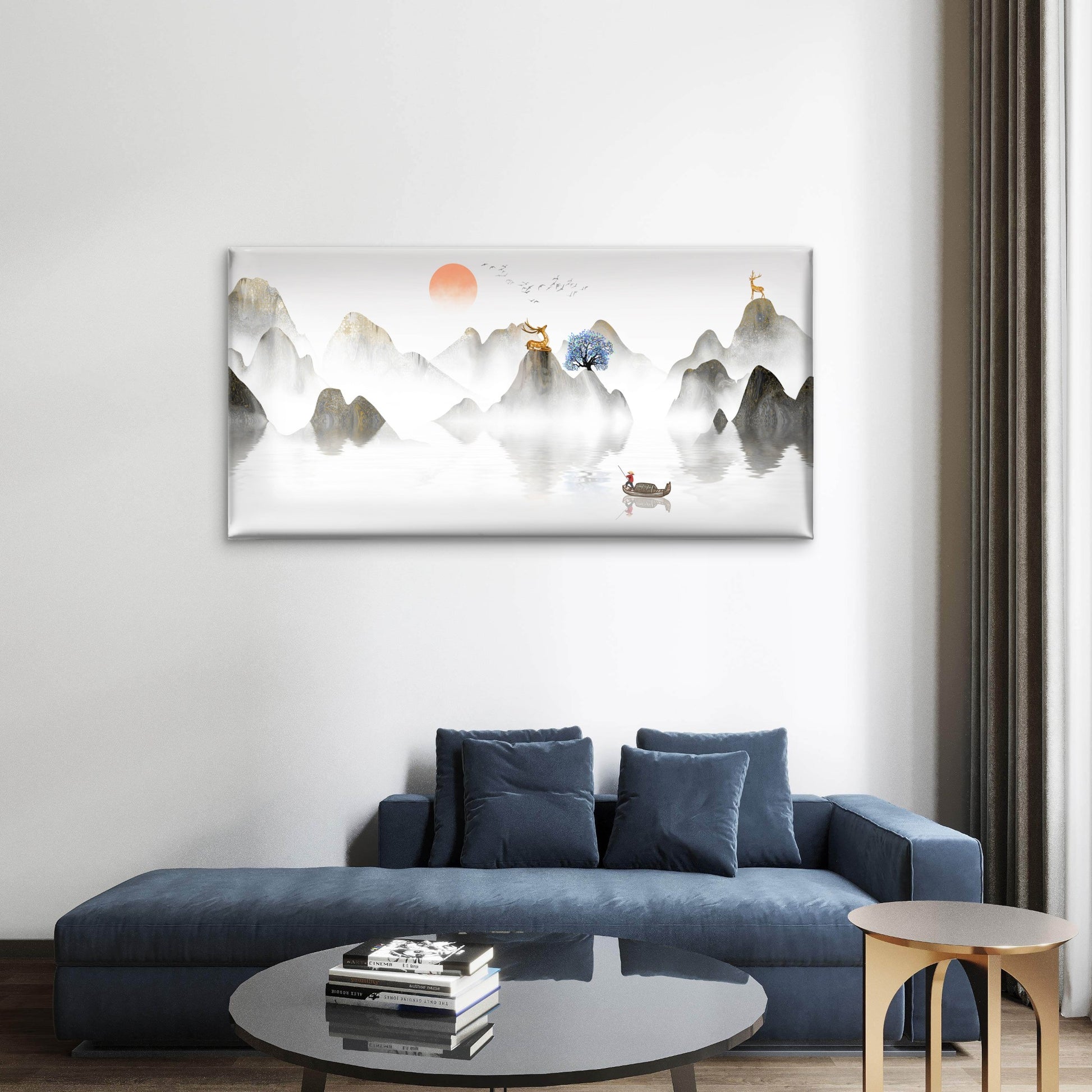 Chinese Ink Mountain Gold Deer Wall Art Canvas Office Home Room Framed 120x60cm