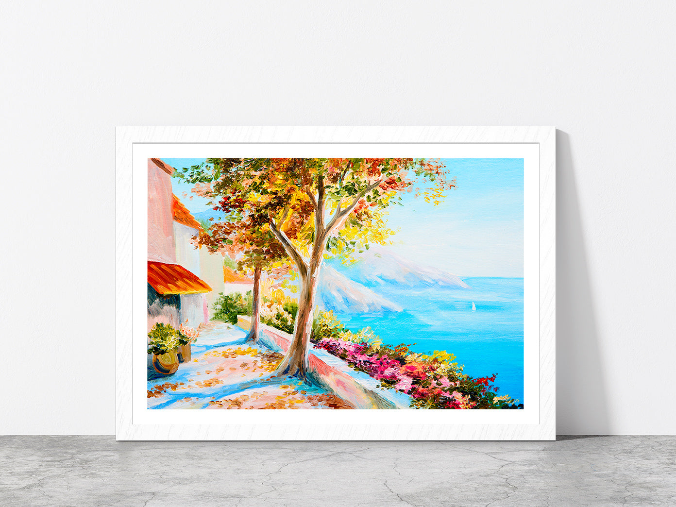 House Near The Sea Seascape Painting Glass Framed Wall Art, Ready to Hang Quality Print With White Border White