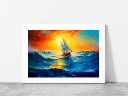 Sailboat Boat At Sunset On The Ocean Glass Framed Wall Art, Ready to Hang Quality Print With White Border White