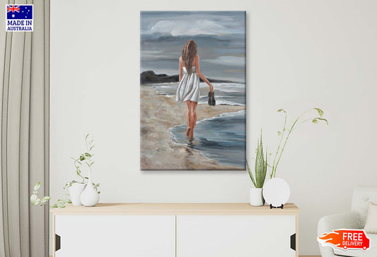 Seaside, White Dress Woman Painting Wall Art Limited Edition High Quality Print