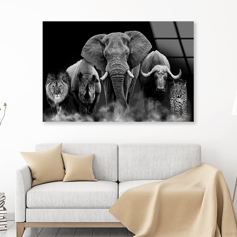 African Big Five Wild Animals on Black Glass Print Tempered Glass Wall Art 100% Made in Australia Ready to Hang