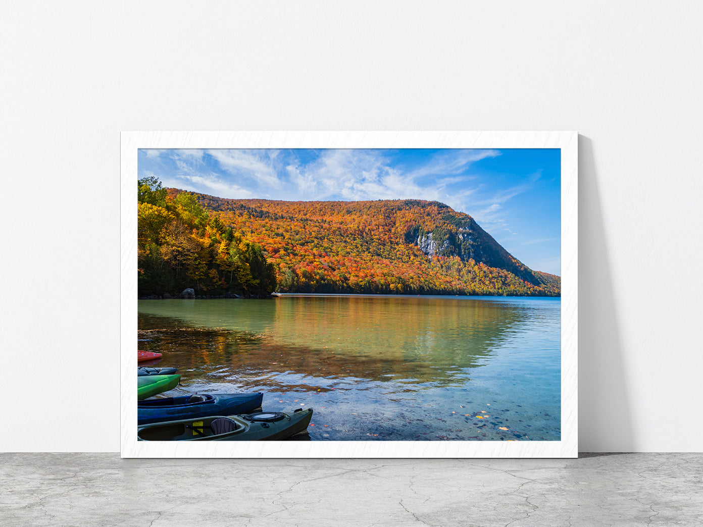 Autumn Forest With Lake & Boats Glass Framed Wall Art, Ready to Hang Quality Print Without White Border White