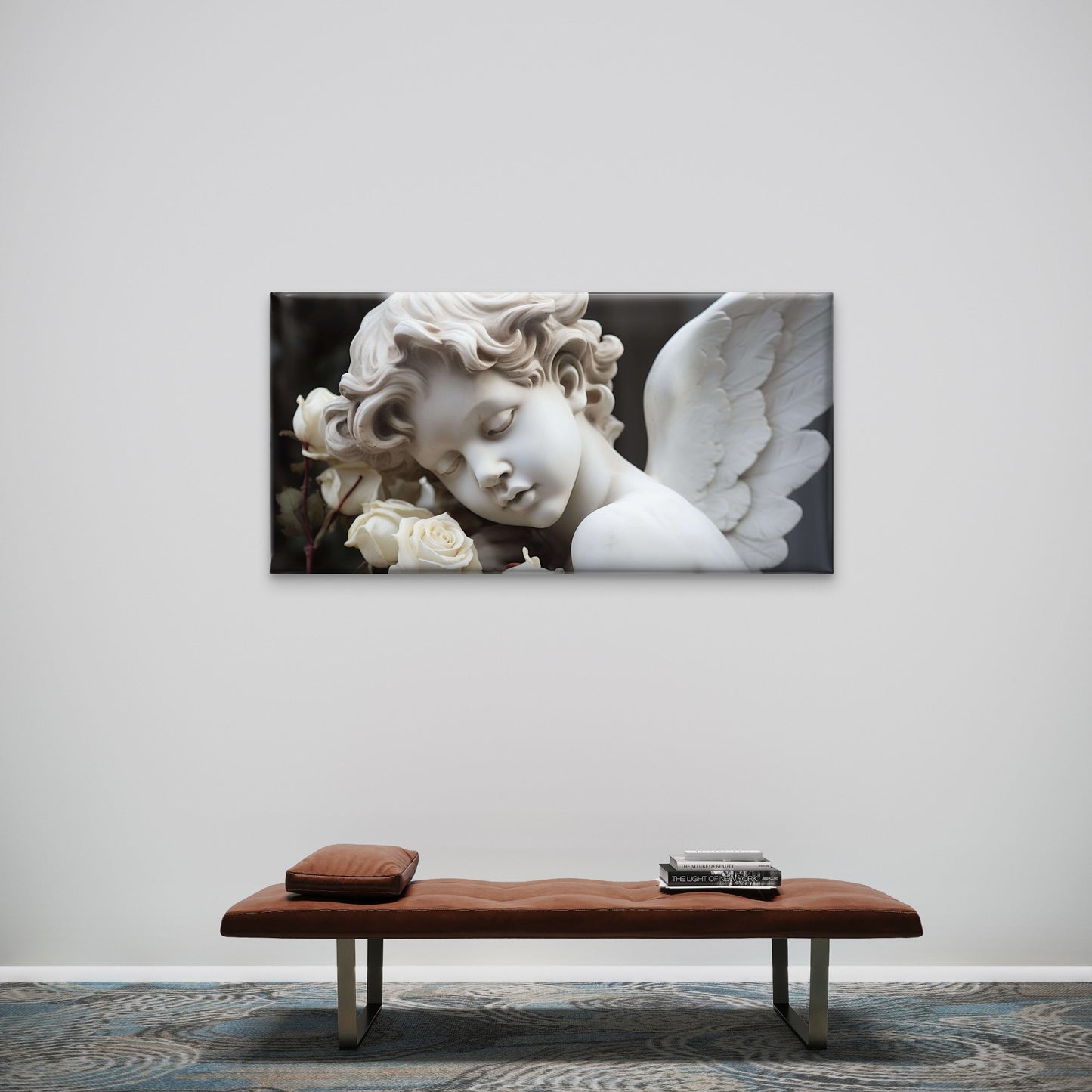 Cherub Angel Sleeping Statue Rose Wall Art Canvas Office Home Framed 120x60cm