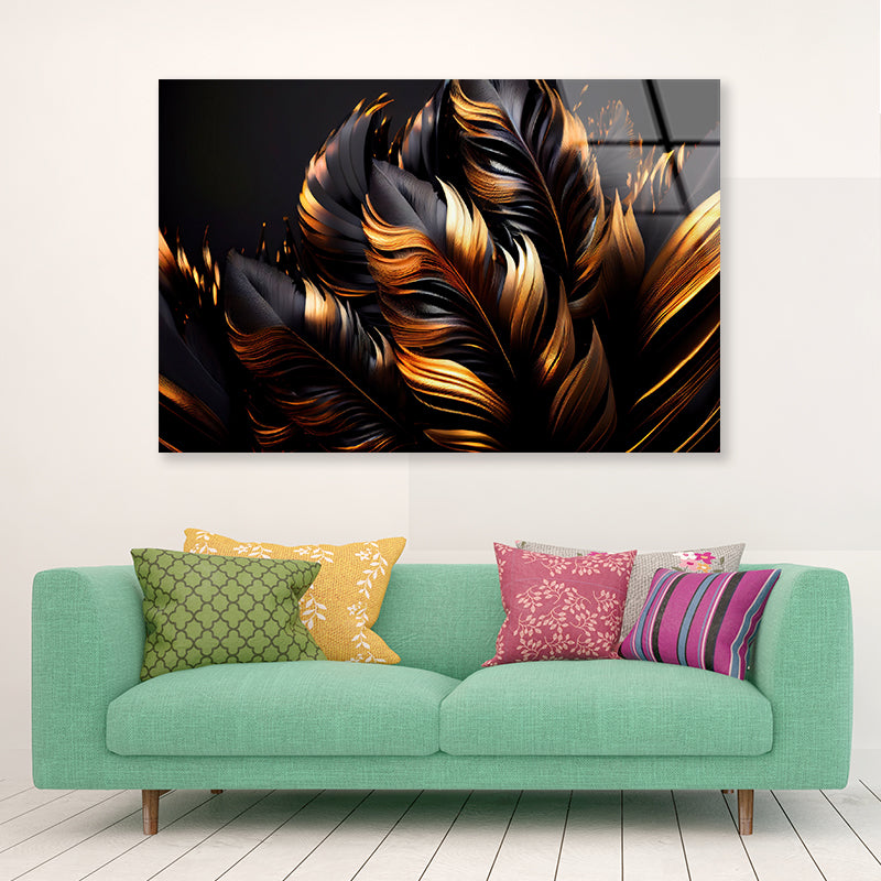Black and Gold Feathers Acrylic Glass Print Tempered Glass Wall Art 100% Made in Australia Ready to Hang - Bella Home Decor