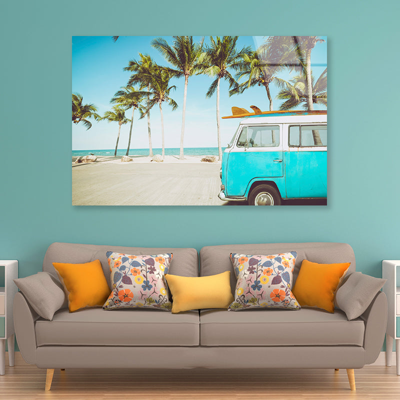 A Blue Van Parked On a Beach with Palm Trees Acrylic Glass Print Tempered Glass Wall Art 100% Made in Australia Ready to Hang